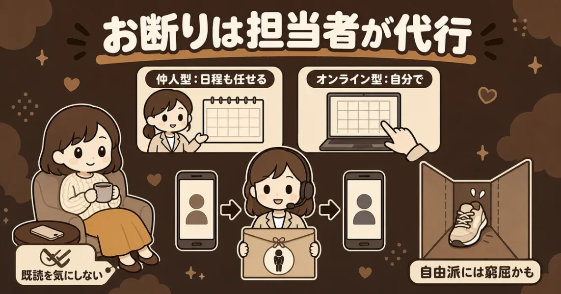 結婚相談所はやり取りに人が入り、お断りの連絡を担当者が代わりにする図