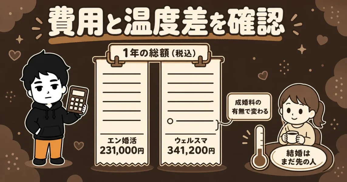 結婚相談所が向かない人もいる。エン婚活とウェルスマの1年の総額を比べた図