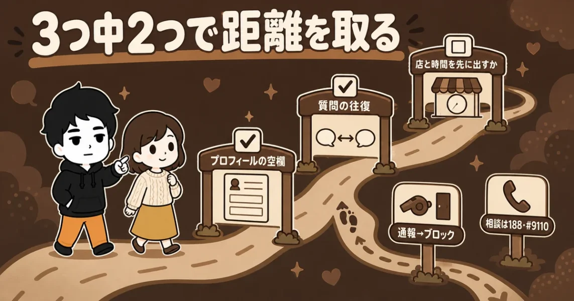 マッチングアプリのやばい男の特徴12選まとめ。3ステップ中2つで距離を取る図