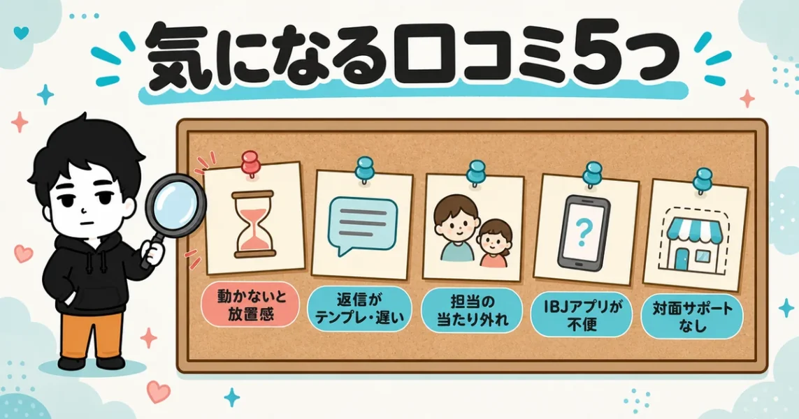 ウェルスマの悪い口コミ評判5つ(放置感・返信・担当・IBJアプリ・対面なし)を整理した図