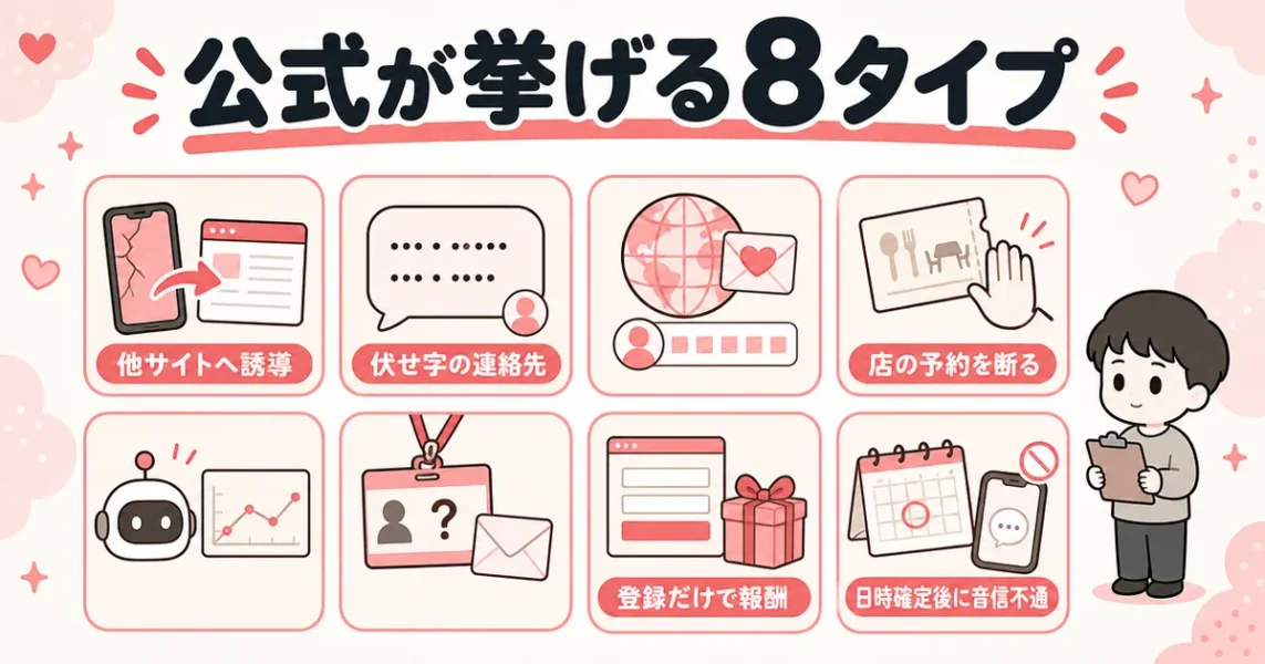 withアプリの要注意人物一覧。公式が挙げる8タイプと最初に出るサインをアイコンで整理した図