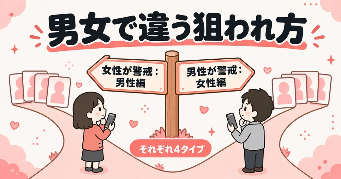 with要注意人物一覧を男女別に分けた案内図。女性は男性編、男性は女性編の4タイプを読む