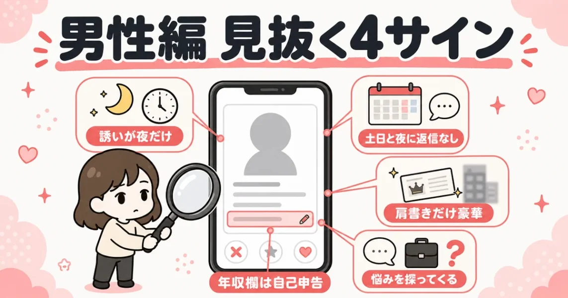 with要注意人物一覧の男性編。既婚者や年収詐称などを見抜く4つのサインを虫めがねで確認する図