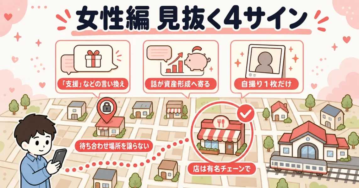 with要注意人物一覧の女性編。ぼったくり誘導や投資勧誘を見抜く4サインと店選びの対策を地図で示す図
