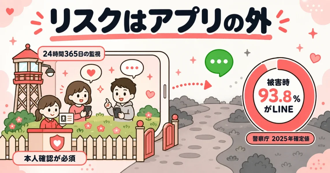 withアプリは危ないのかを解説。本人確認と監視があるアプリ内と、LINEに移った後のリスクを比べた図