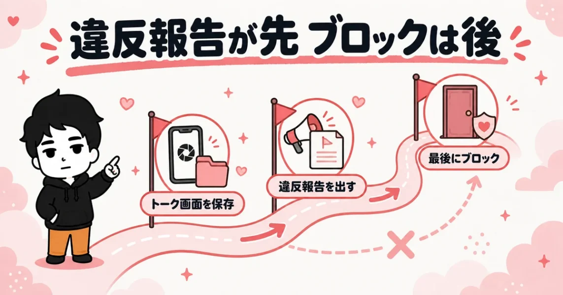 with要注意人物に遭遇したときの順番。トーク保存、違反報告、ブロックの順に進む道の図