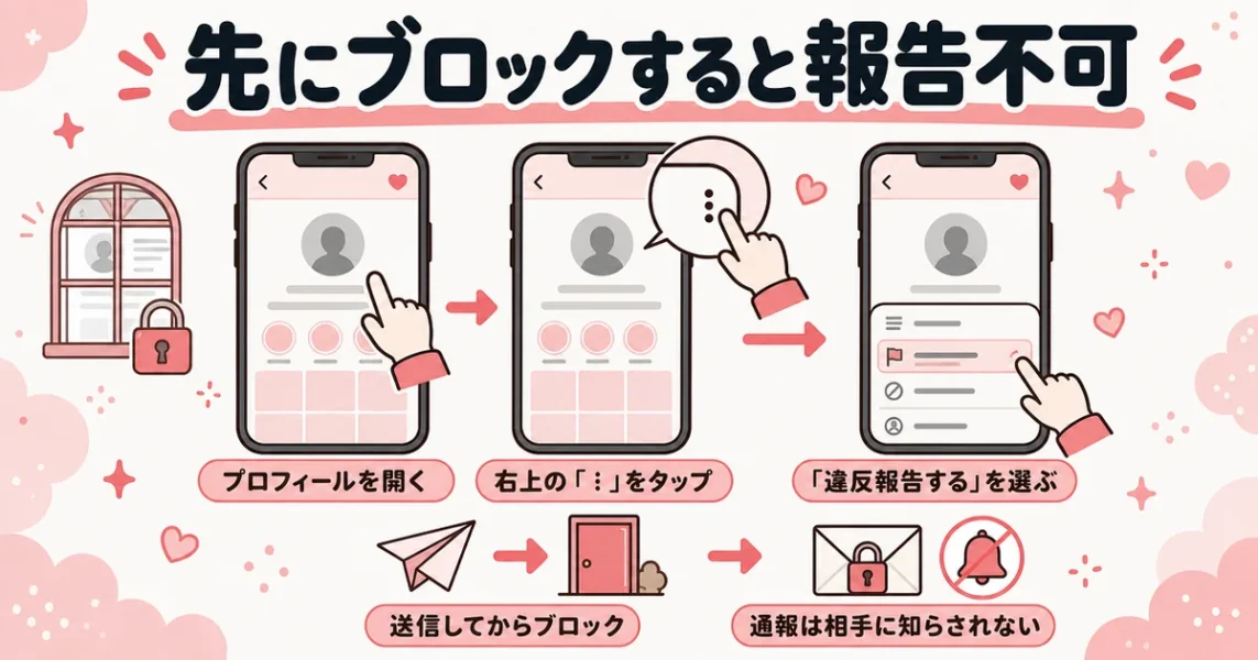 withで違反報告をブロックより先に出す理由と、プロフィールから違反報告する手順をスマホ画面で示す図