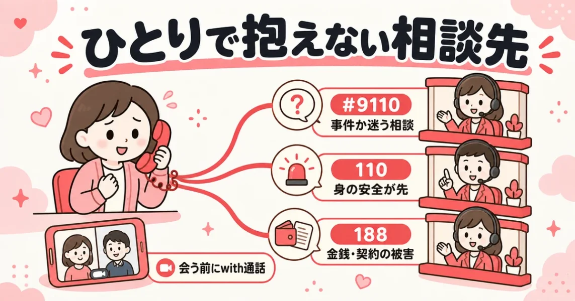 withで被害に遭ったときの相談先。警察相談#9110、110、消費者ホットライン188の3窓口の図