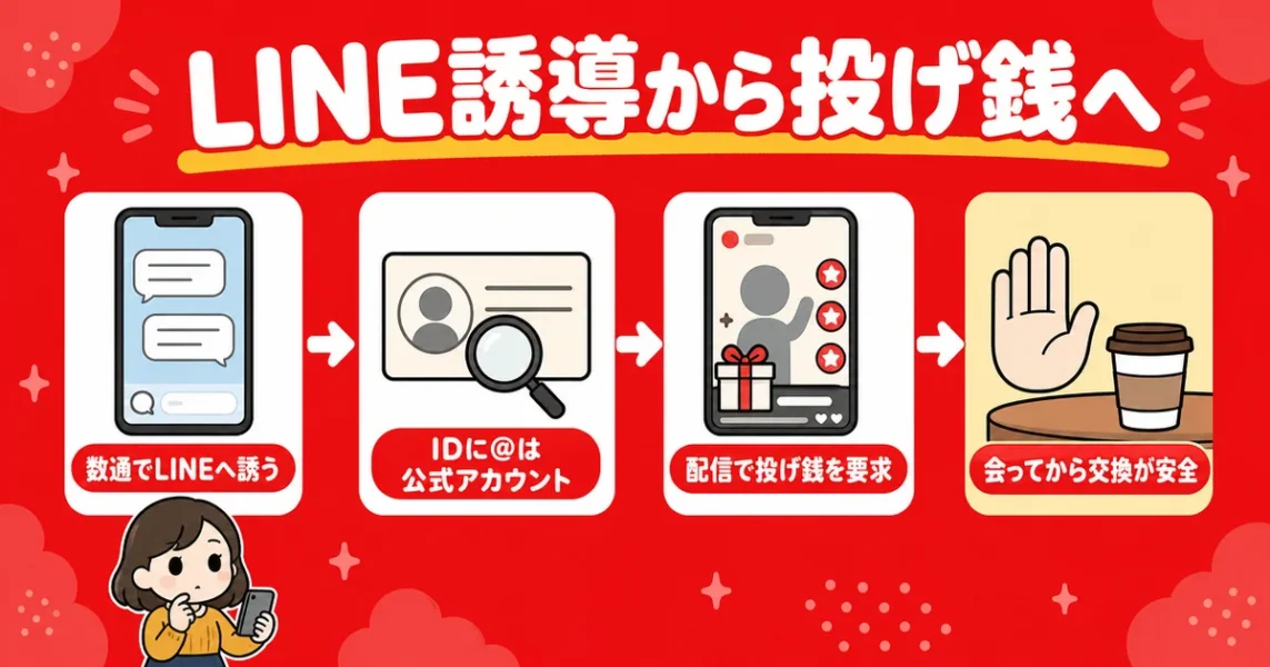 ユーブライドのLINE誘導から投げ銭を要求される手口(@付きID・ライブ配信)と対策の図解