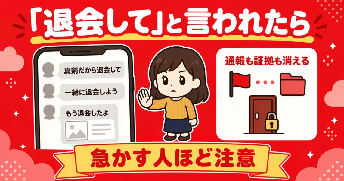 ユーブライドで退会させようとしてくる男の誘導文句と、退会すると通報も証拠も消える注意点の図解