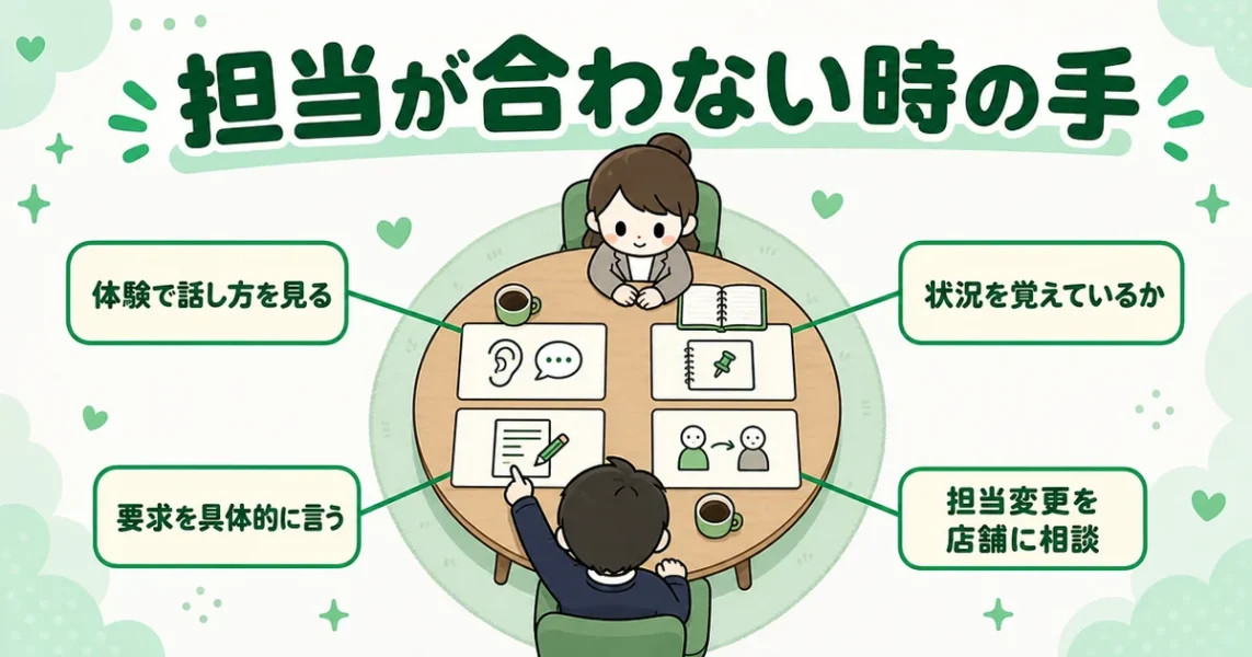 ツヴァイのカウンセラーに当たり外れを感じた時の見極め方と対処を面談テーブルで示す図解