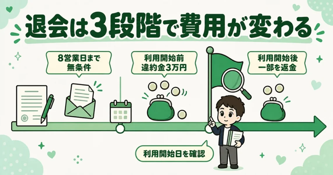 ツヴァイの退会はクーリングオフ・利用開始前・開始後の3段階で返金が変わると示す図解