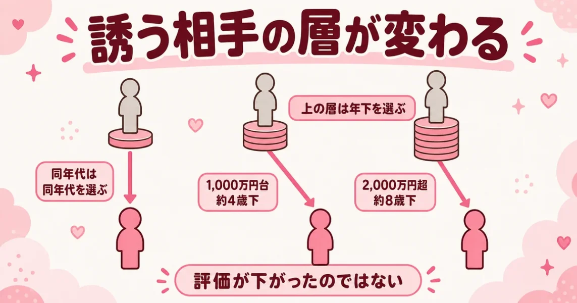 女性がモテなくなる2段目は誘う相手が変わること。年収が高い層ほど年下を選ぶ