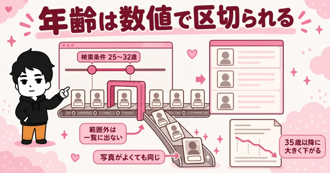 女性がモテなくなる3段目は条件検索。年齢は数値で区切られ、範囲外は一覧に出ない