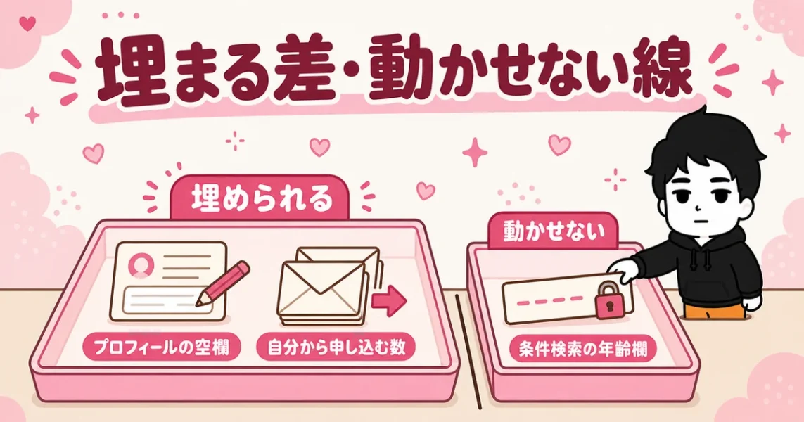 女性の年齢のハンデを埋められる要素（プロフの空欄・申込数）と動かせない年齢欄